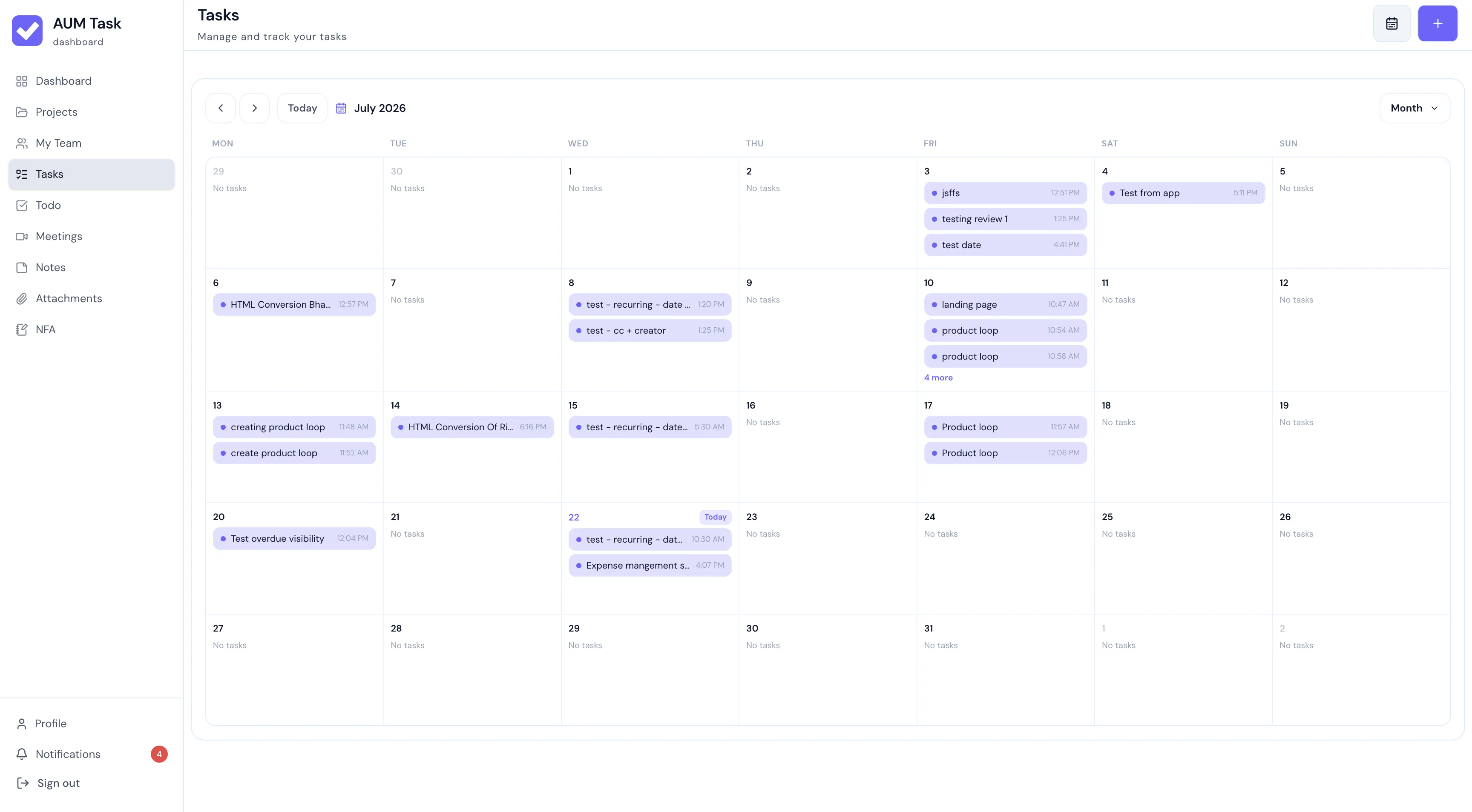 AUM Task Interactive Calendar View